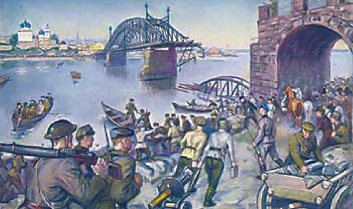 RÜNNAKUL: Eesti väed ületavad Velikaja jõge Pihkva vallutamisel 26. mail 1919. E. Brinkmanni maal.