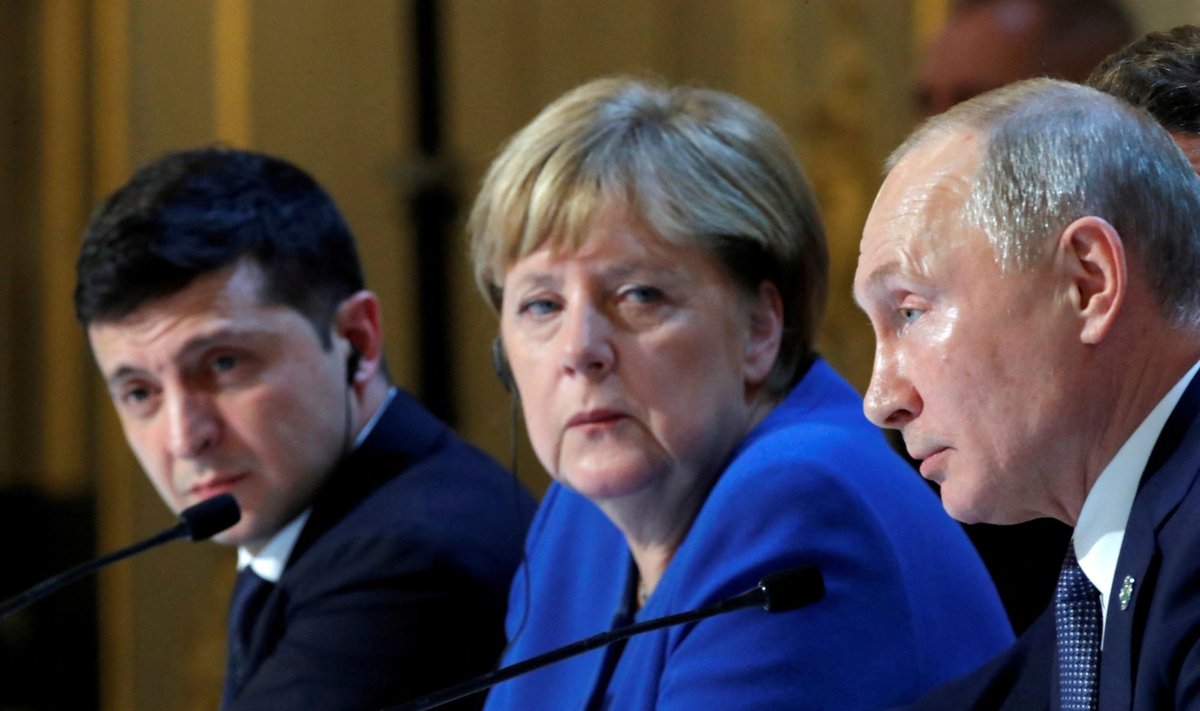 Volodõmõr Zelenskõi, Angela Merkel ja Vladimir Putin 2019. aasta Normandia tippkohtumisel.