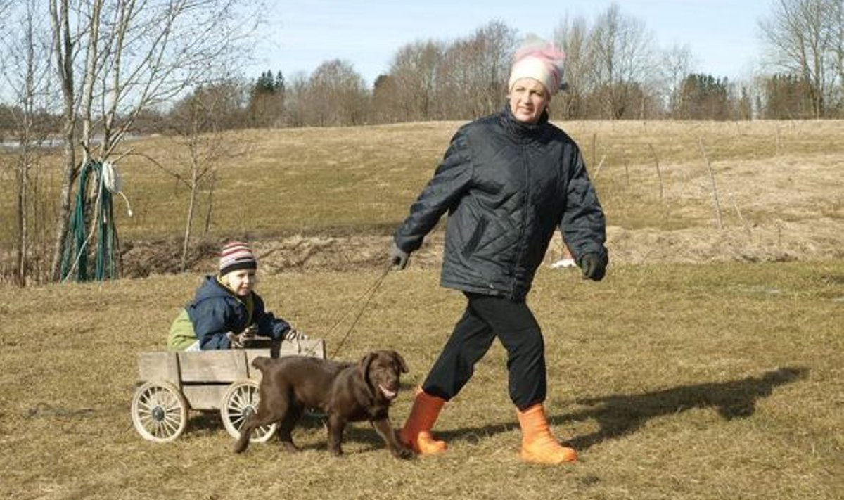 Anne Reemann Vigalas koos oma noorima võsu Sonjaga. Neid saadab Joosep, kes tuli perre Elmo Nüganeni sünnipäevakingina.