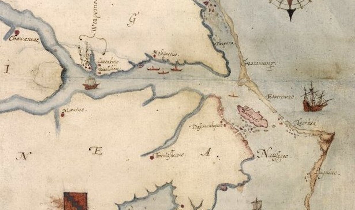 John White`i joonistatud kaart. Roanoke`i saar on keskel roosat värvi.