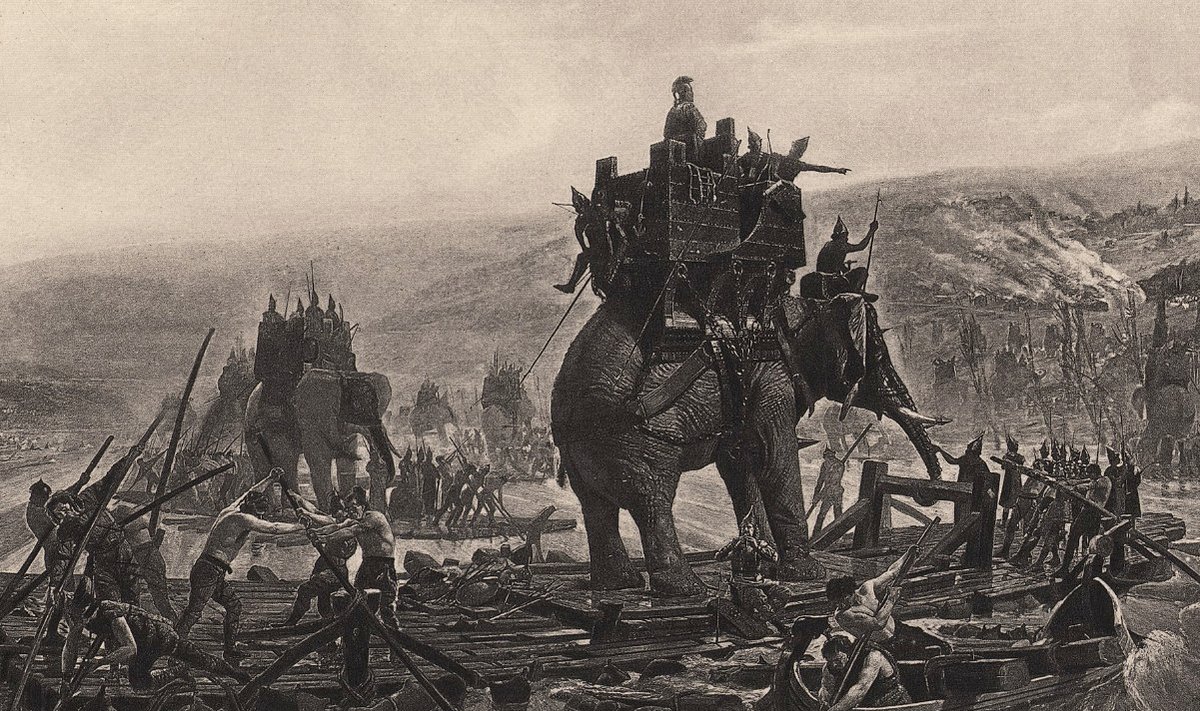Foto: Wikimedia Commons / Henri Motte 1878. a maal Kartaago legendaarse kindrali Hannibal Barca armeest Rhône'i jõge ületamas.