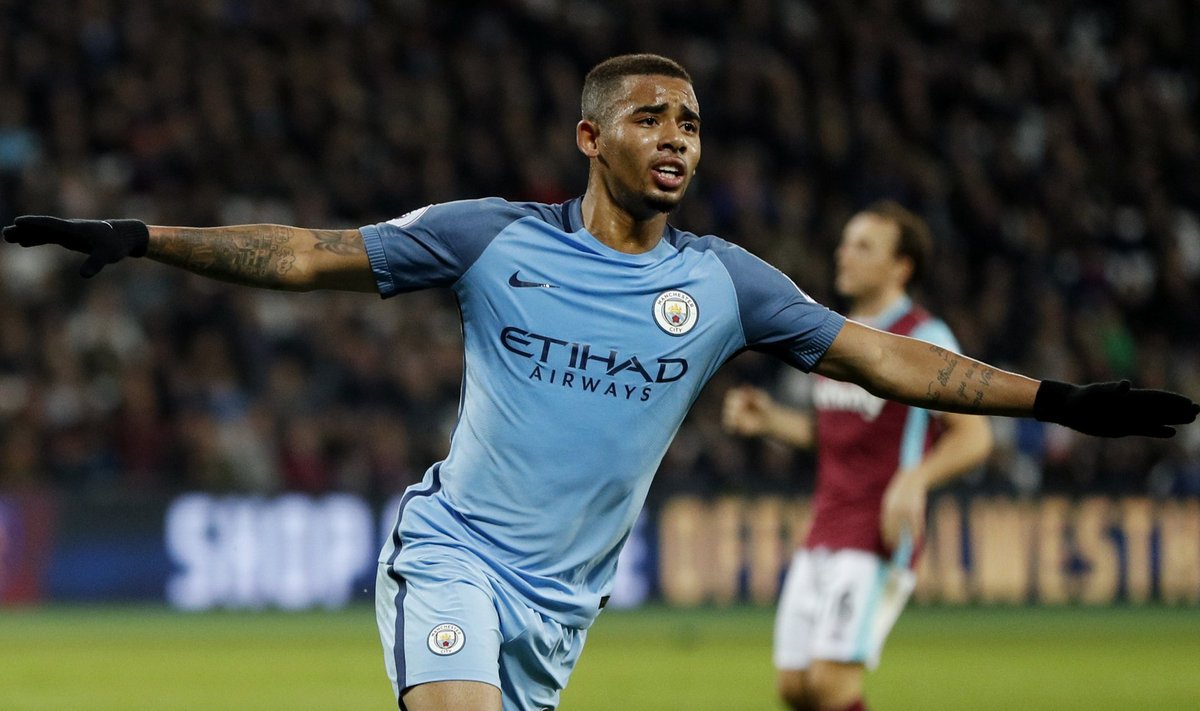 Manchester City's Gabriel Jesus celebrates scoring their third goal