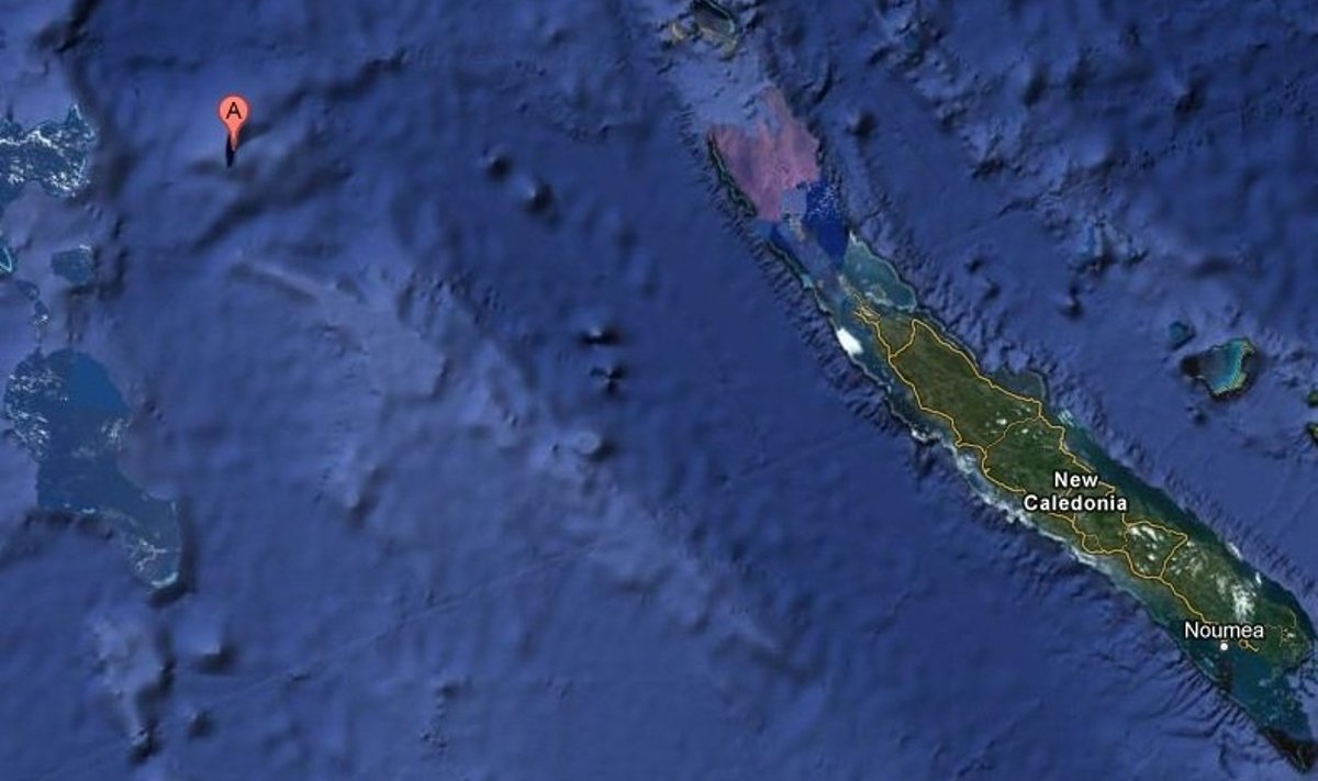 Väidetava saare asukoht kaardil märgitud tähega A