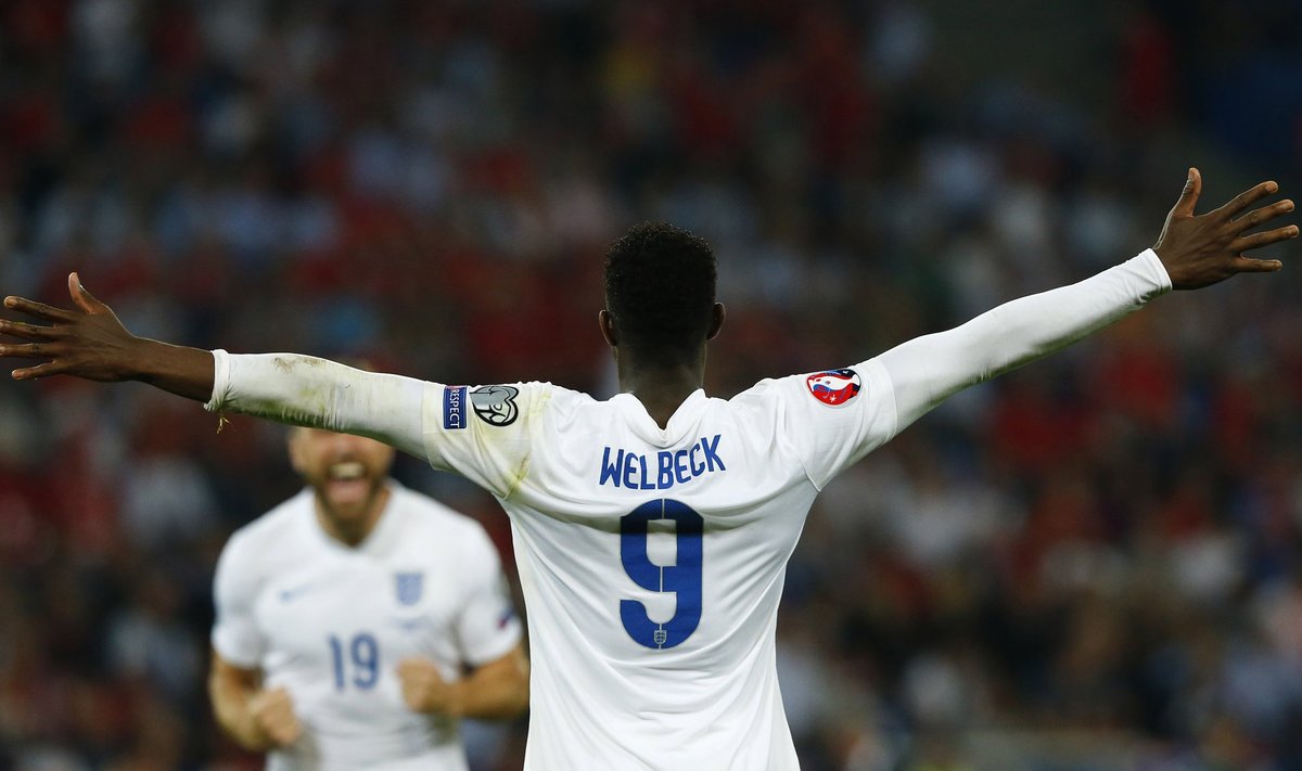 England's Welbeck celebrates his second goal against Switzerland during their Euro 2016 qualifying soccer match in Basel
