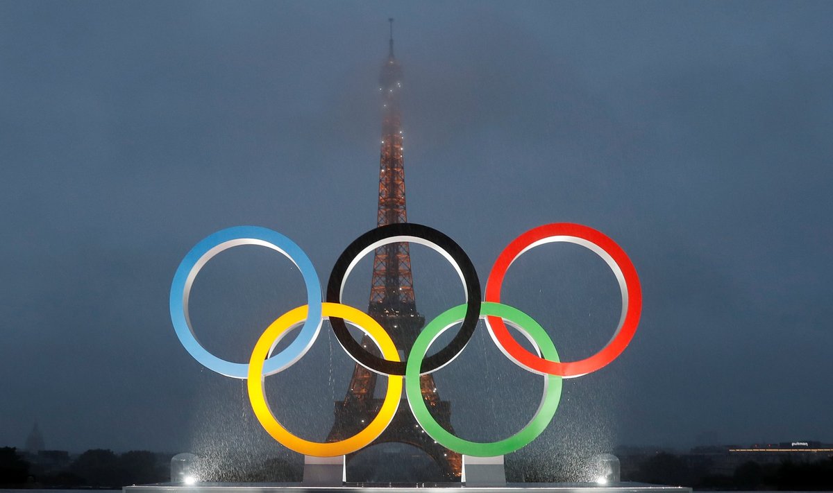 Olympic rings to celebrate the IOC official announcement that Paris won the 2024 Olynpic bid are seen during a ceremony at the Trocadero square in Paris