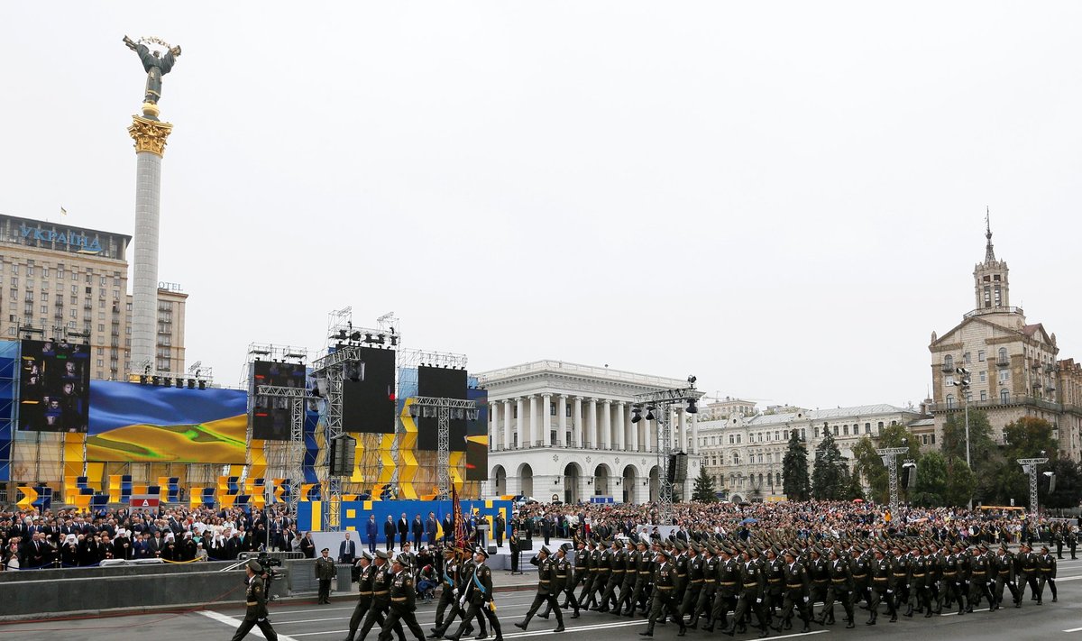 Soldiers march during Ukraine's Independence Day military parade in Kiev