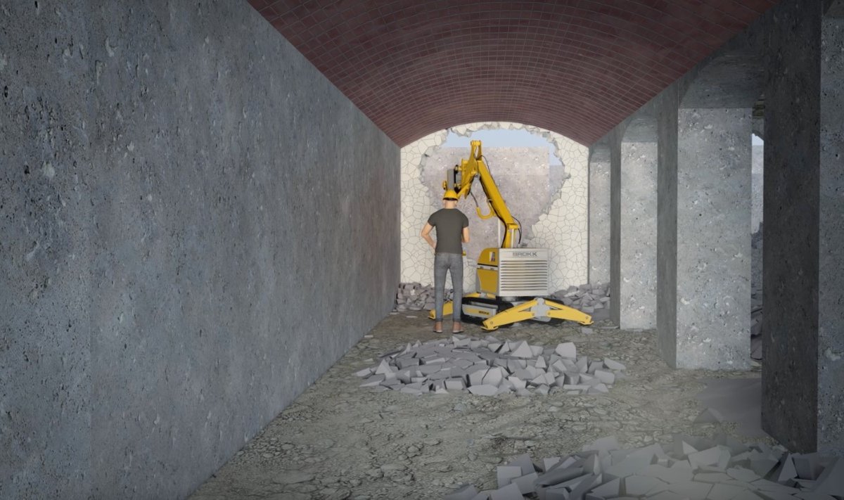 VEIDI ENNE ÕNNETUST: Ehitustööline juhib lammutusrobotit Brokk, mis purustab Tallinna vana turuhoone keldris seina. Astlanda Ehituse väitel ei kuulunud see sein tegelikult lammutamisele. Kaadrid Astlanda Ehituse kaitseversiooni tarvis valmistatud animatsioonist.