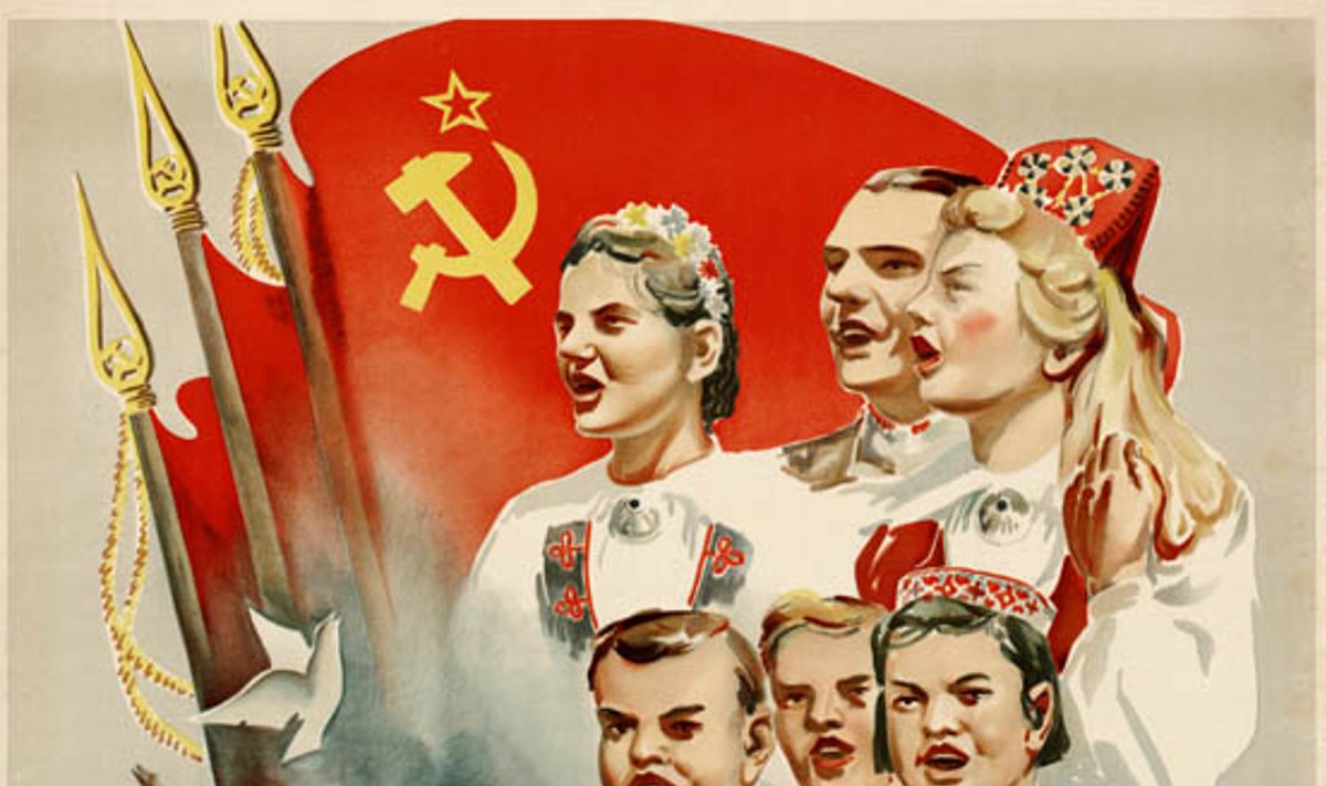 Selline oli üldlaulupeo plakat: rahvarõivad ja nõukogude sümbolid kõrvuti.