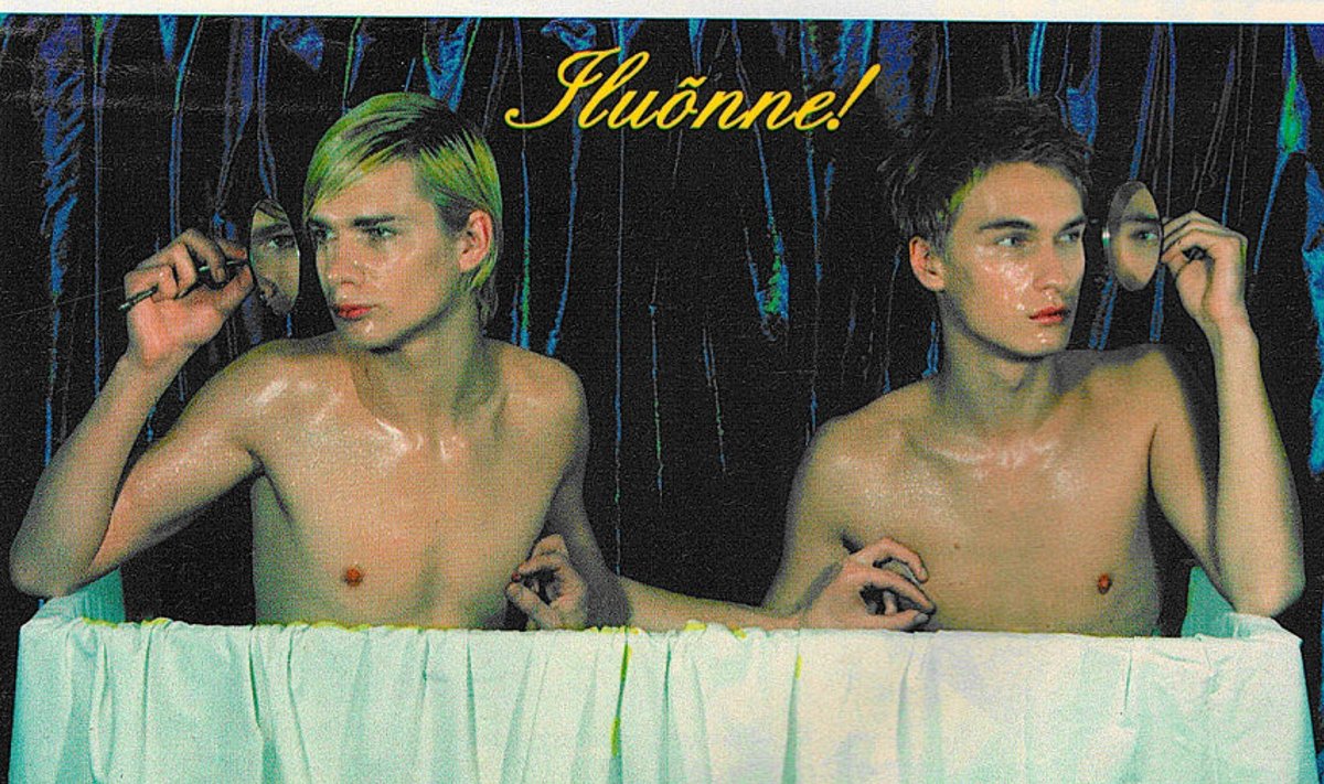 1997. aasta stiil: Ekspressi peolisa Magnet jõulusoovide tarbeks poseerisid poolpaljalt kunstnik Kiwa (vasakul) ja Mart Haber, kes on praegu edukas ettevõtja, Shi-Shi poeketi osanik.