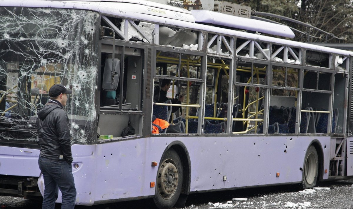 A view shows a damaged trolleybus in Donetsk