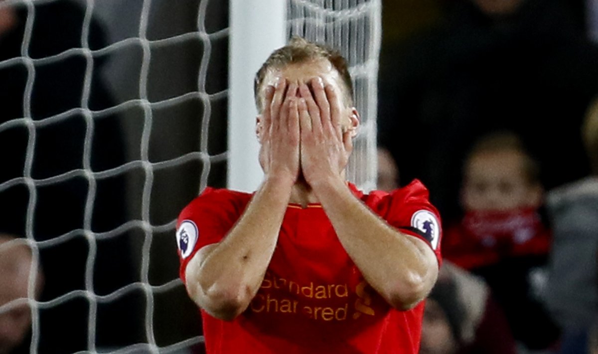 Liverpool's Ragnar Klavan looks dejected after a missed chance