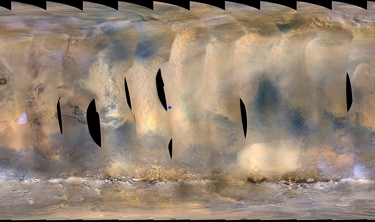Tolmutorm Marsil pead tõstmas. Pildistatud Mars Reconaissance Orbiteri poolt, sinine mumm tähistab Opportunity asukohta.