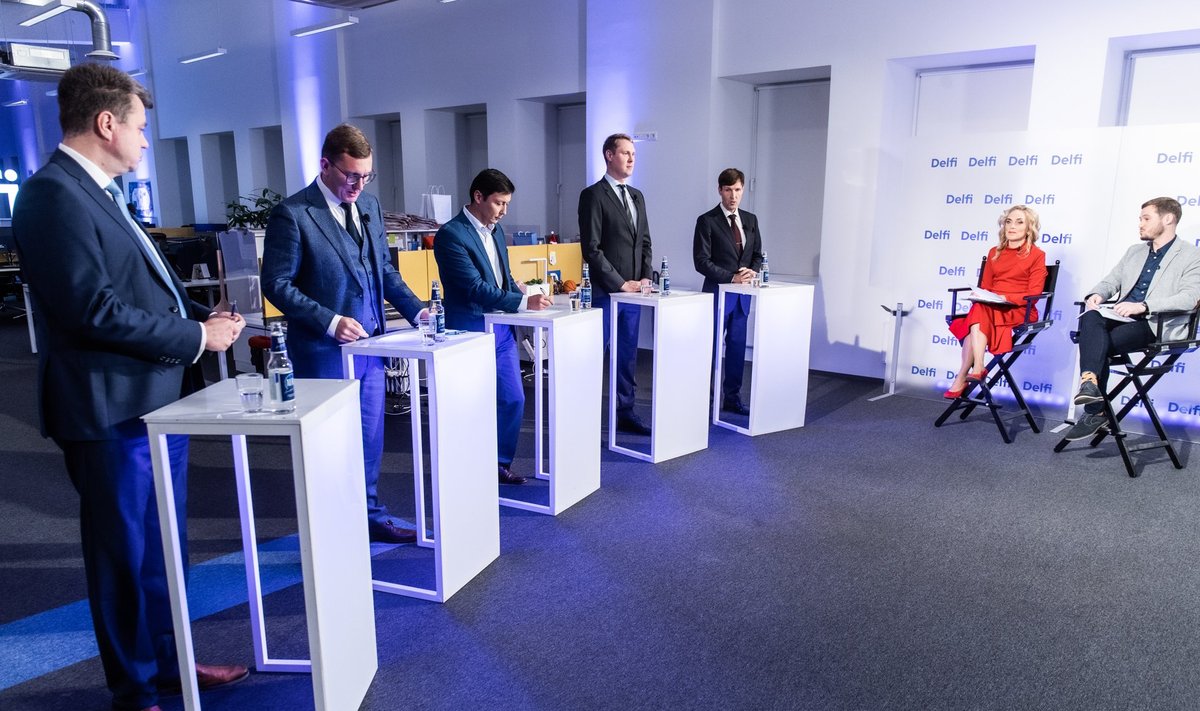 Valimisdebatti juhtisid Vilja Kiisler ja Joosep Tiks, oma seisukohti esitasid (vasakult) Urmas Reinsalu, Kristen Michal, Mihhail Kõlvart, Raimond Kaljulaid ja Martin Helme.