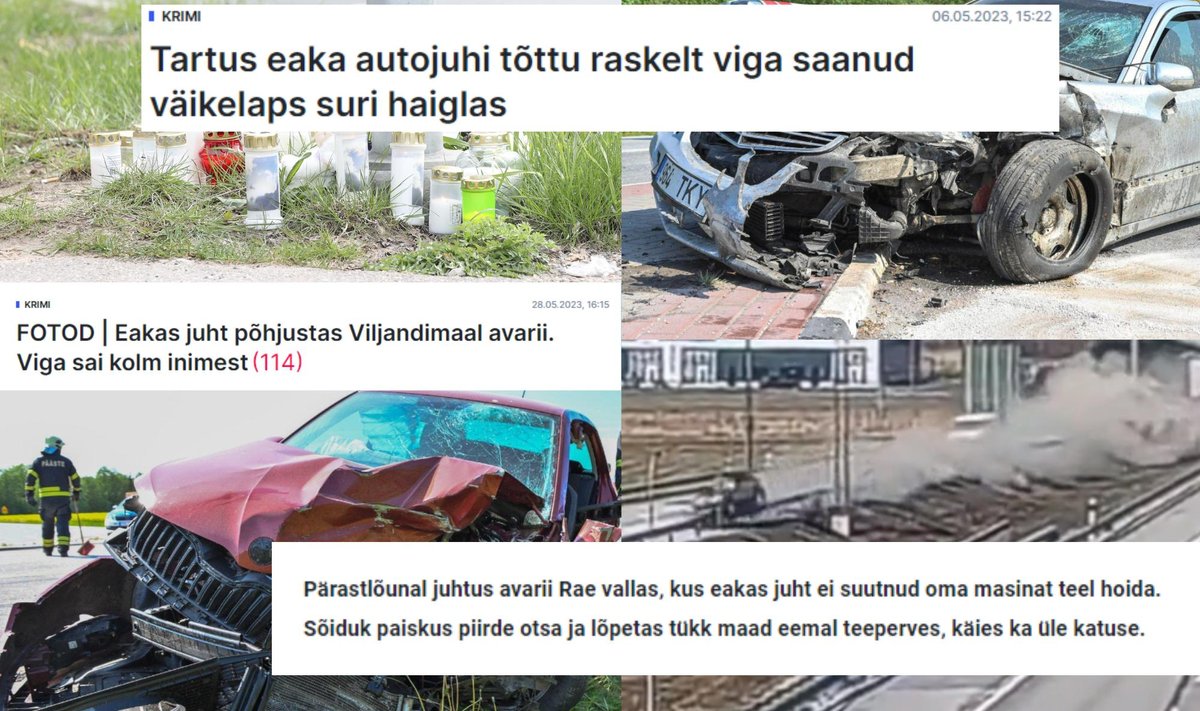 Kollaaž õnnetustest ja ajakirjanduslikust kajastusest, kui puudutatud on olnud eakad autojuhid.