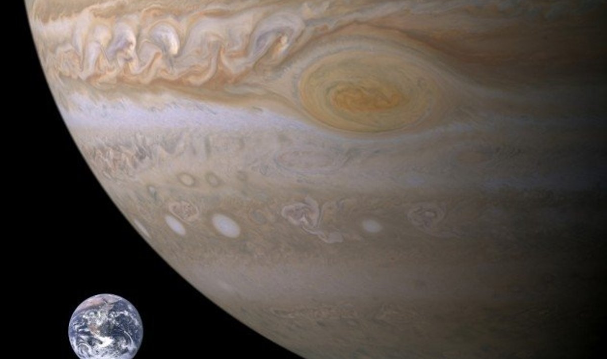 Maa ja Jupiteri suuruse võrdlus. Foto: NASA