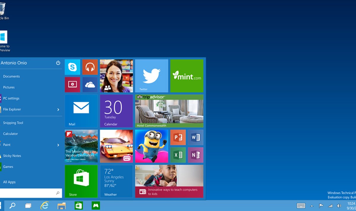 Windows 10 näeb esialgu välja justnagu „vana hea” Windows: siin on töölaud ehk desktop ja selle nurgas tuttavast Start-nupust avanev menüü ikoonide ja menüüdega.