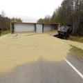 FOTOD: Viljandimaal sattus õnnetusse viljakoormaga veok, kaks inimest said vigastada