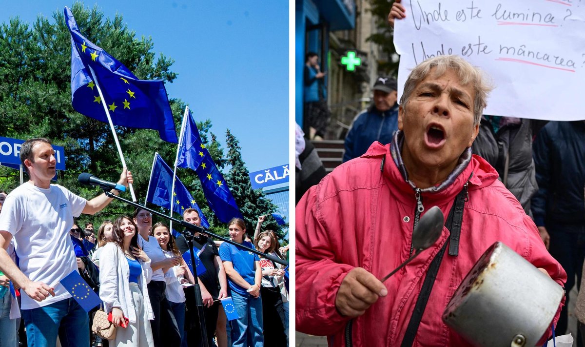 Kas moldovlased valivad Euroopa Liidu? Vasakul pildil suvine noorteühenduse kogunemine EL-iga liitumuse toetamiseks, parem pilt on tehtud nädal tagasi toimunud euroliidu vastaste meeleavaldusel. 