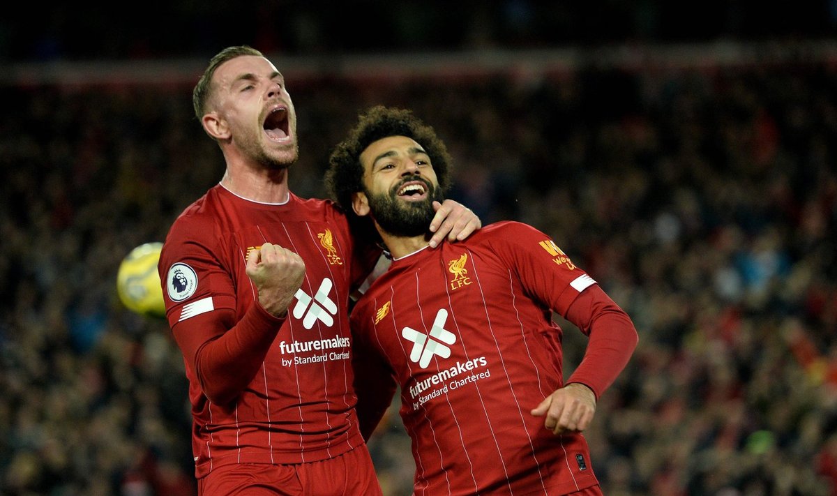 Jordan Henderson ja Mohamed Salah väravat tähistamas. Kas Liverpool kroonitakse hooaja lõpuks Inglismaa meistriks?