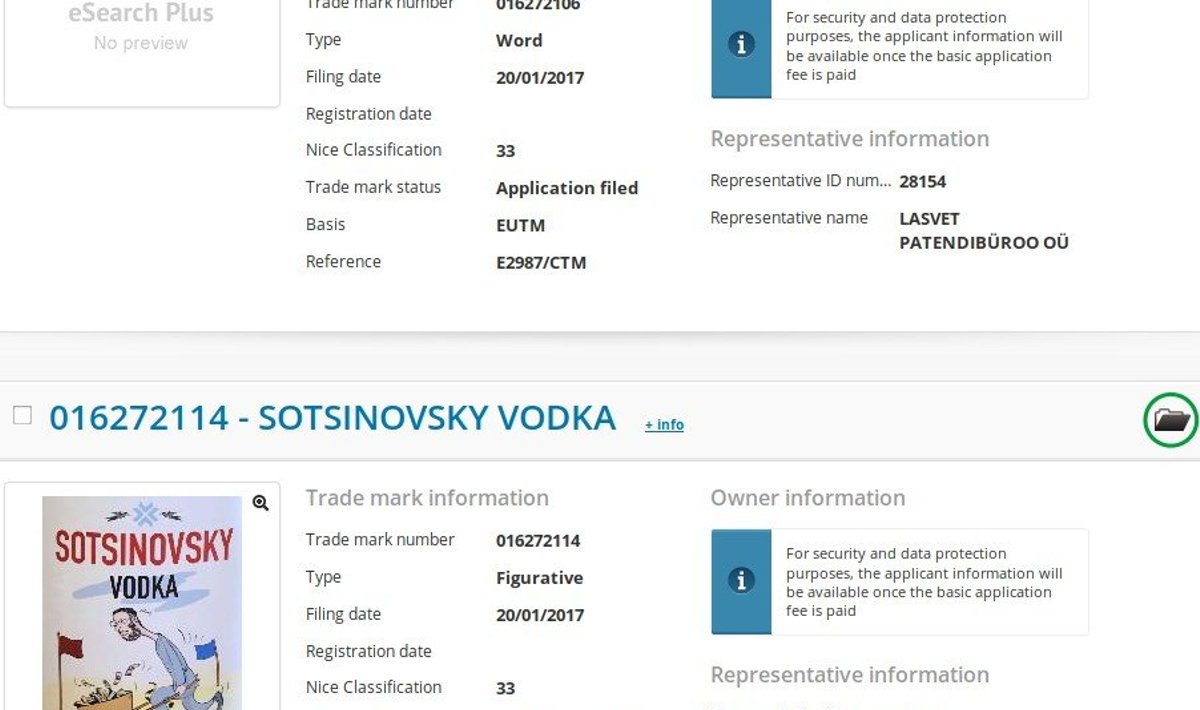 Sotsinovsky Vodka kaubamärgitaotlused Euroopa Liidu registris.