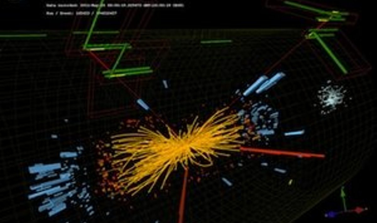 Z boson - Higgsi bosoni üks võimalikke järglasi - laguneb edasi kaheks elektroniks (rohelised jooned) ning kaheks müüoniks (punased jooned). Pilt CERN