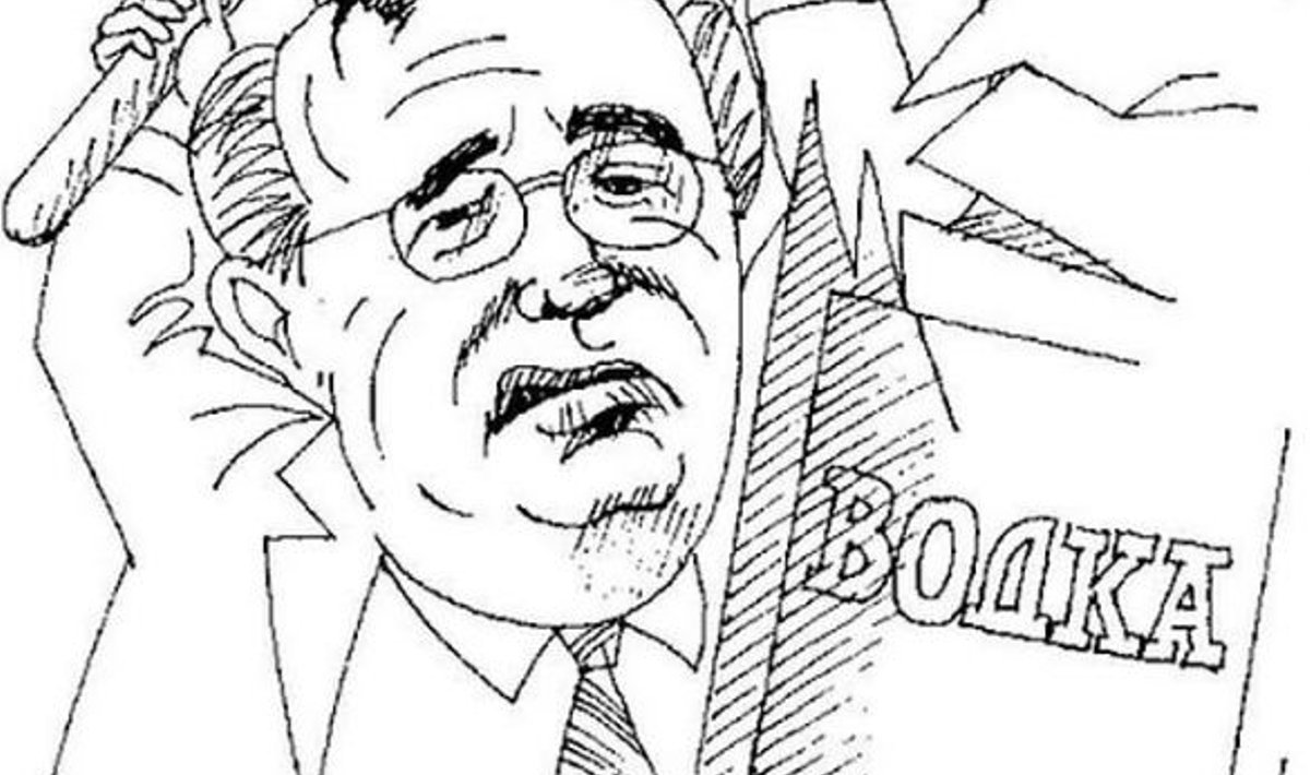 LÄKS TÄIDE: Heinz Valgu karikatuur sellest, kuidas Gorbatšov tema soovil viinaga võitles.