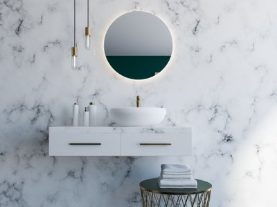 Valget Carrara marmorit kohtab kõikjal - suurtel pindadel ja pisikeste sisustusaksessuaaride juures; magamistoas, elutoas, köögis ja vannitoas.