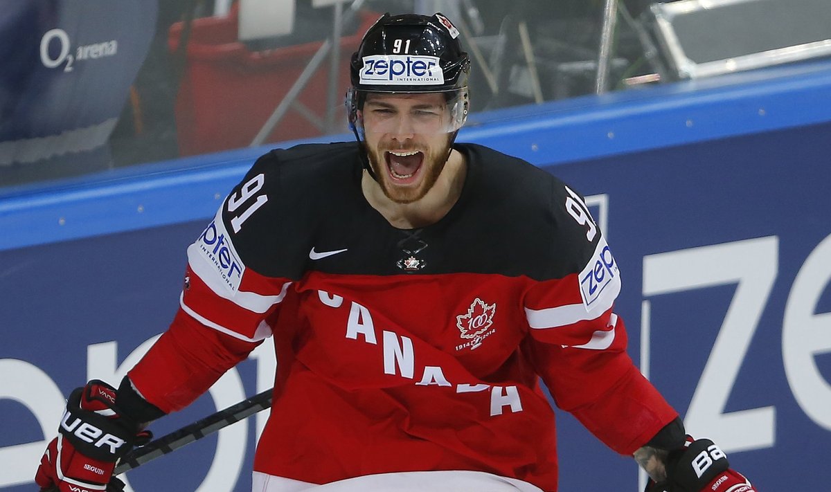 Canada's Seguin celebrates after scoring a goal against Russia during their Ice Hockey World Championship final game at the O2 arena in Prague