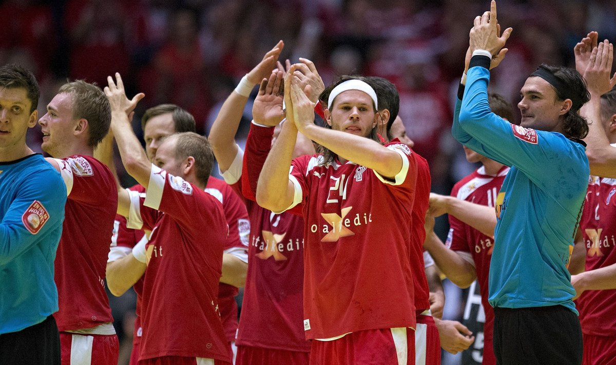 Denmark's players acknowledge the fans after their match against Hungary at the Men's Handball European Championship in Herning