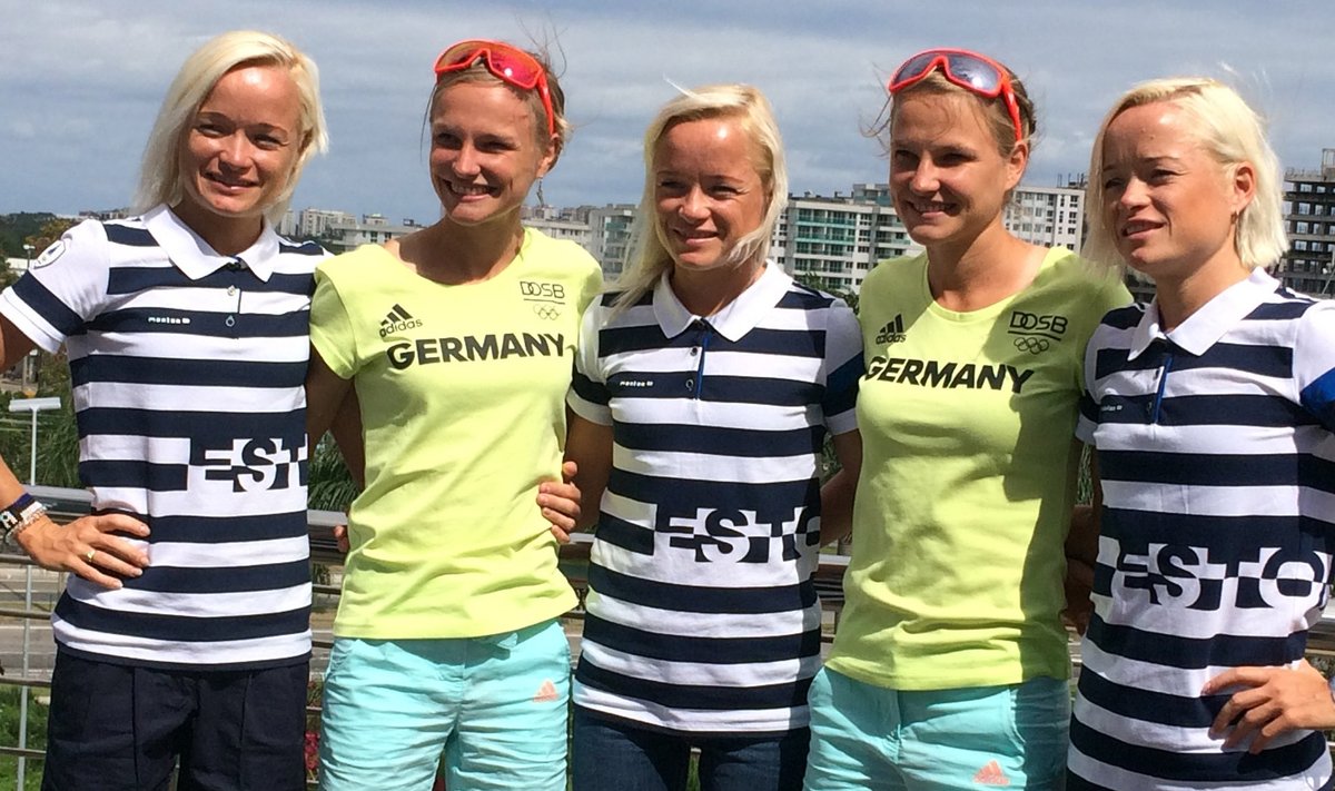 Õed Luiged olümpiakülas Saksamaa kaksikutega poseerimas