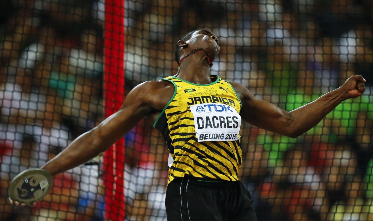 Dacres of Jamaica competes in the men's discus throw final at the 15th IAAF World Championships at the National Stadium in Beijing