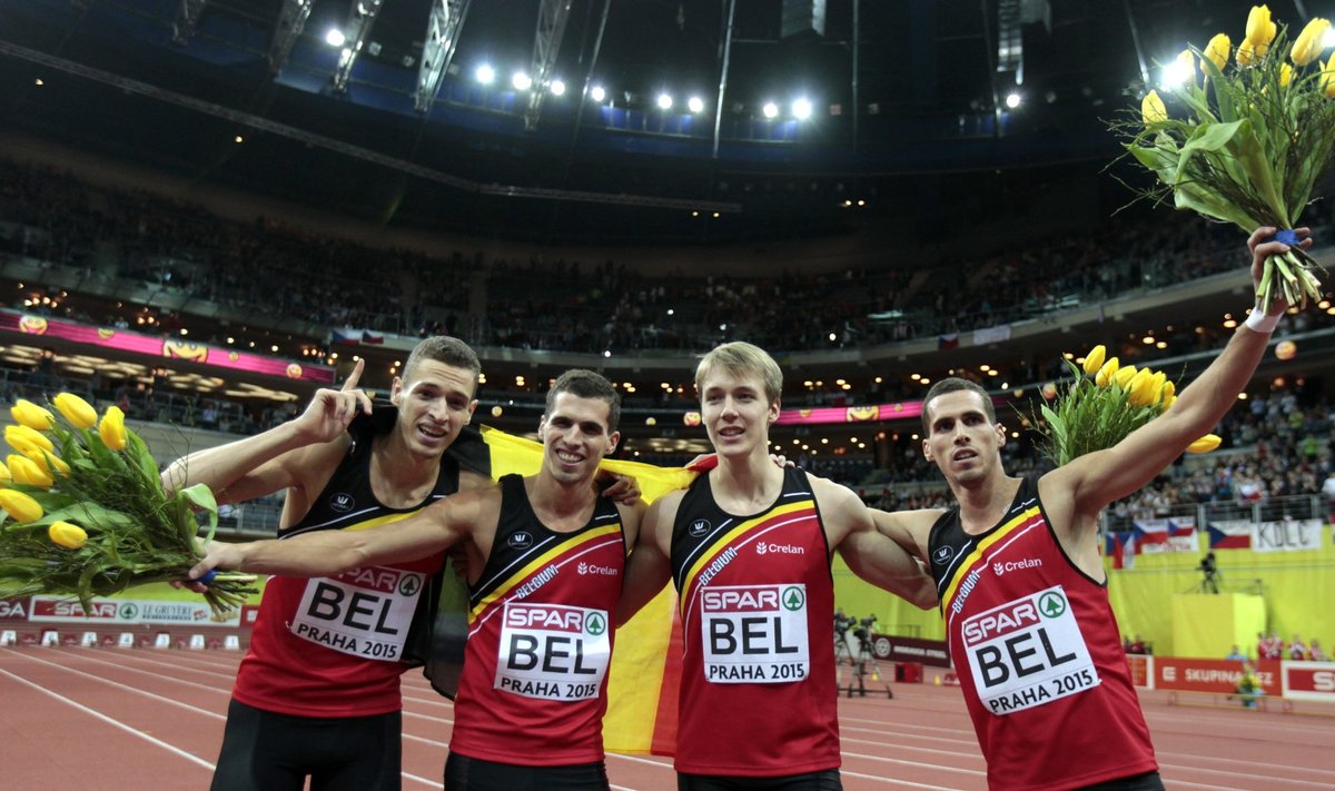Belgium's Jonathan Borlee, Kevin Borlee, Watrin and Dylan Borlee celebrate after winning the men's 4x400 metres relay during the European Indoor Championships in Prague