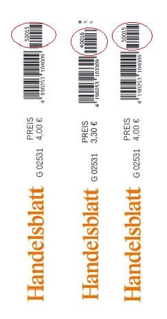 Штрихкод поддельного номера; штрихкод настоящего Handelsblatt №77; штрихкод №73