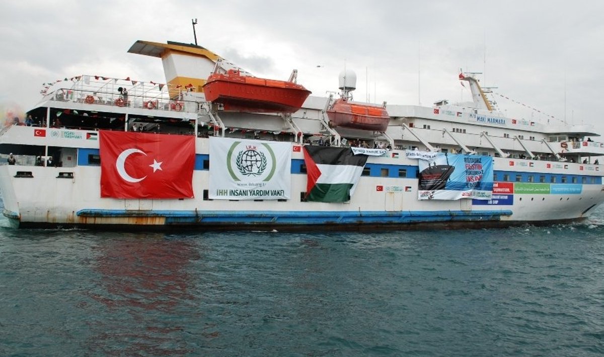 This May 22, 2010 photograph provided by the Cyprus-based Free Gaza Movement shows one of the human rights group's ships, the Mavi Marmara, as it sets sail from Turkey carrying aid and hundreds of pro-Palestinian activists to the blockaded Gaza Strip. Israeli naval commandos stormed a flotilla of ships on Monday, killing at least 10 passengers in a predawn raid that set off worldwide condemnation and a diplomatic crisis. (AP Photo/Free Gaza Movement)  NO SALES  / SCANPIX Code: 436