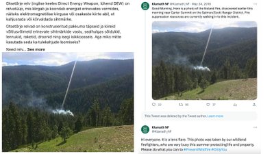 Vasakul 14. augusti eksitav Facebooki postitus, paremal 2018. aasta Klamathi rahvuspargi Twitteri postitus