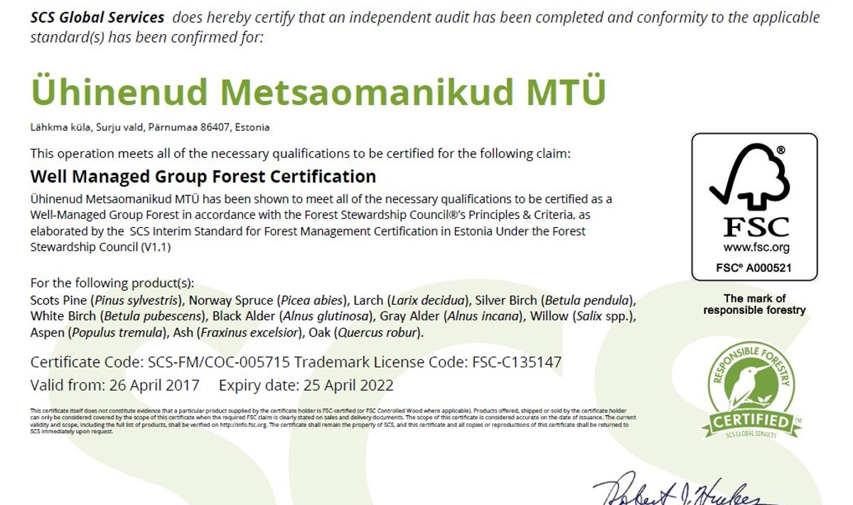 MTÜ Ühinenud Metsaomanikud sai täna FSC metsamajandamise ja tarne sertifikaadi.