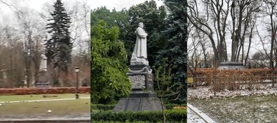 Слева — кадр из видео, в центре — фото памятника до демонтажа, справа — фото пустого постамента в декабре 2024 года