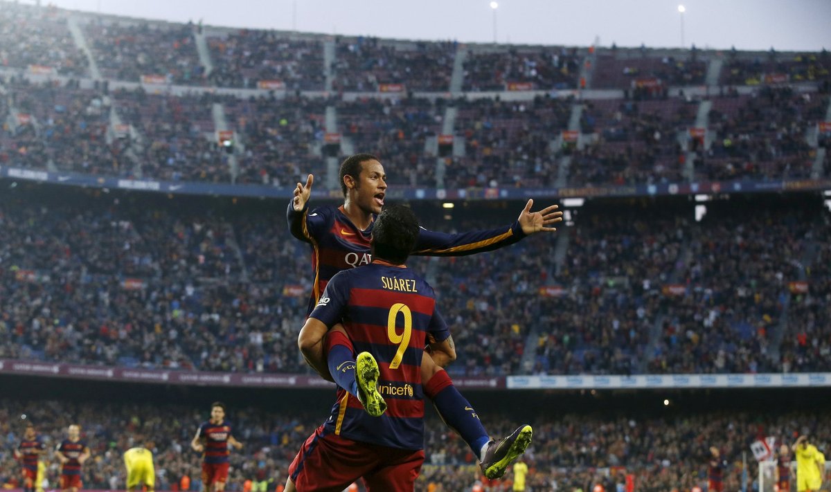 Barcelona's Suarez and Neymar celebrate a goal against Villarreal during their Spanish first division soccer match at Camp Nou stadium in Barcelona
