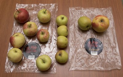 Vasakul sordita õunad, keskel ehtne 'Liivi kuldrenett', paremal 'Kuldrenetina 'müüdud õunad, mille tegelik sort ja päritolu on teadmata.