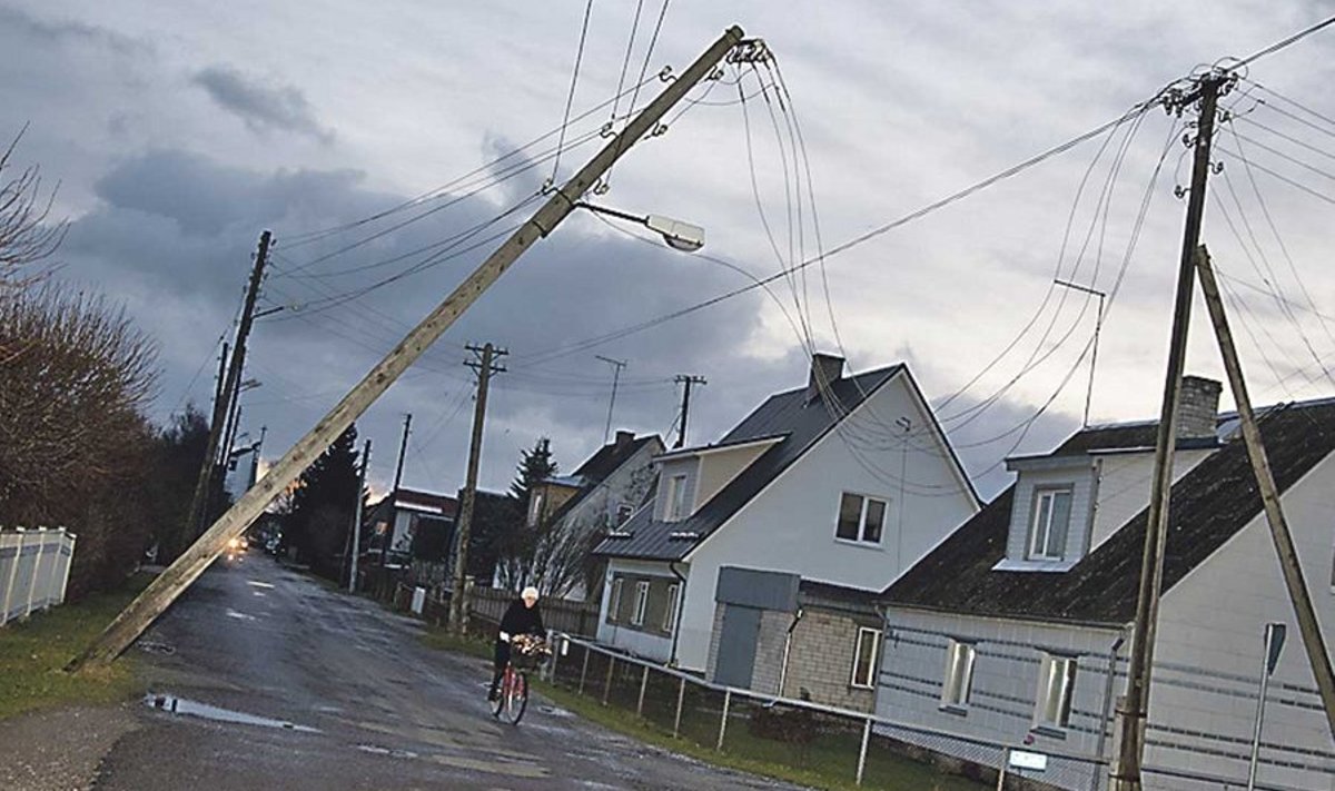 Ainuüksi Saaremaal põhjustas tugev tuul 562 elektrikatkestust, lükkas ümber elektriposte. Foto: Delfi