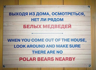Hoiatussilt ühel Wrangeli saarel asuval hoonel. Kui majast väljud, vaata ringi ja tee kindlaks, et lähedal pole ühtegi jääkaru.