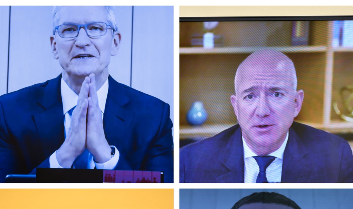 Kollaaž. Üleval vasakul Tim Cook, paremal Jeff Bezos. All vasakul Sundar Pichai, paremal Mark Zuckerberg. Fotod vastavalt: CNP / AdMedia / SIPA, Zumapress.com, AP, Zumapress.com