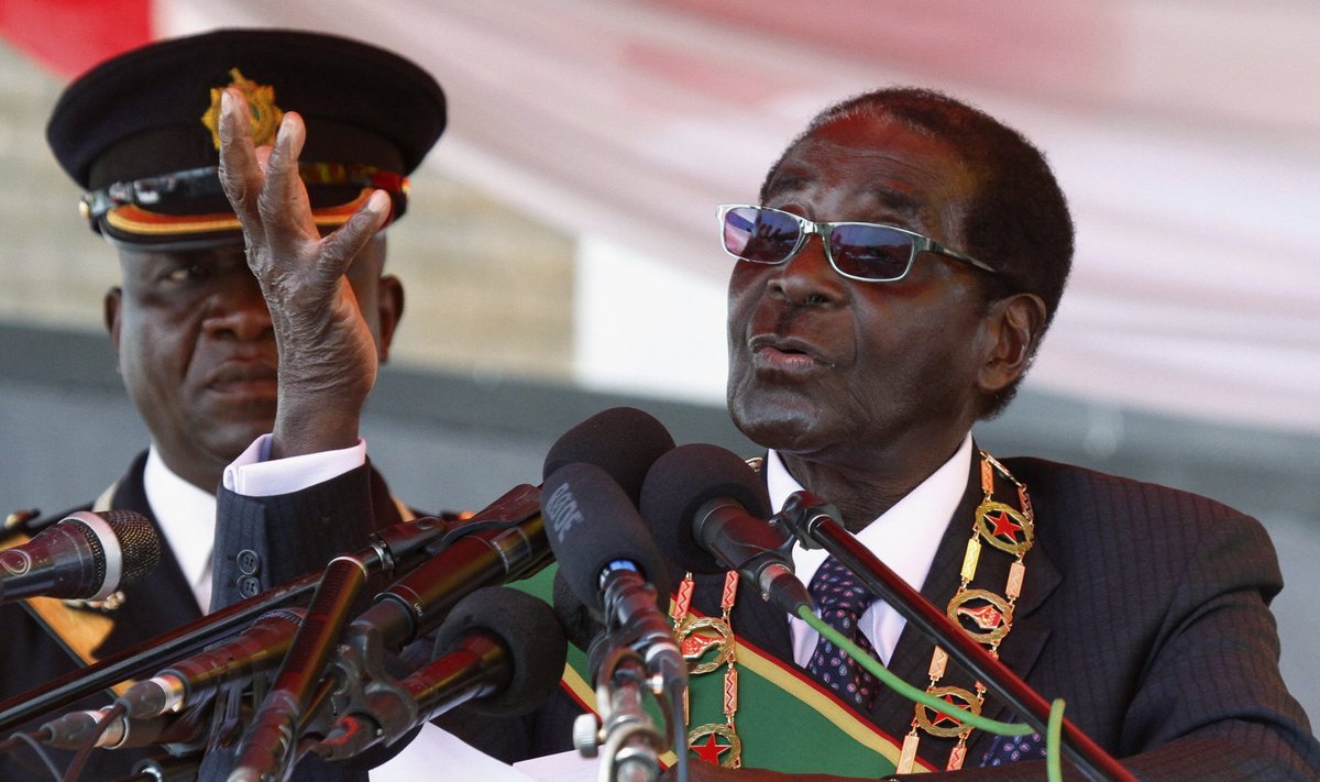 Zimbabwe's President Mugabe addresses the crowd gathered to commemorate Heroes Day in Harare