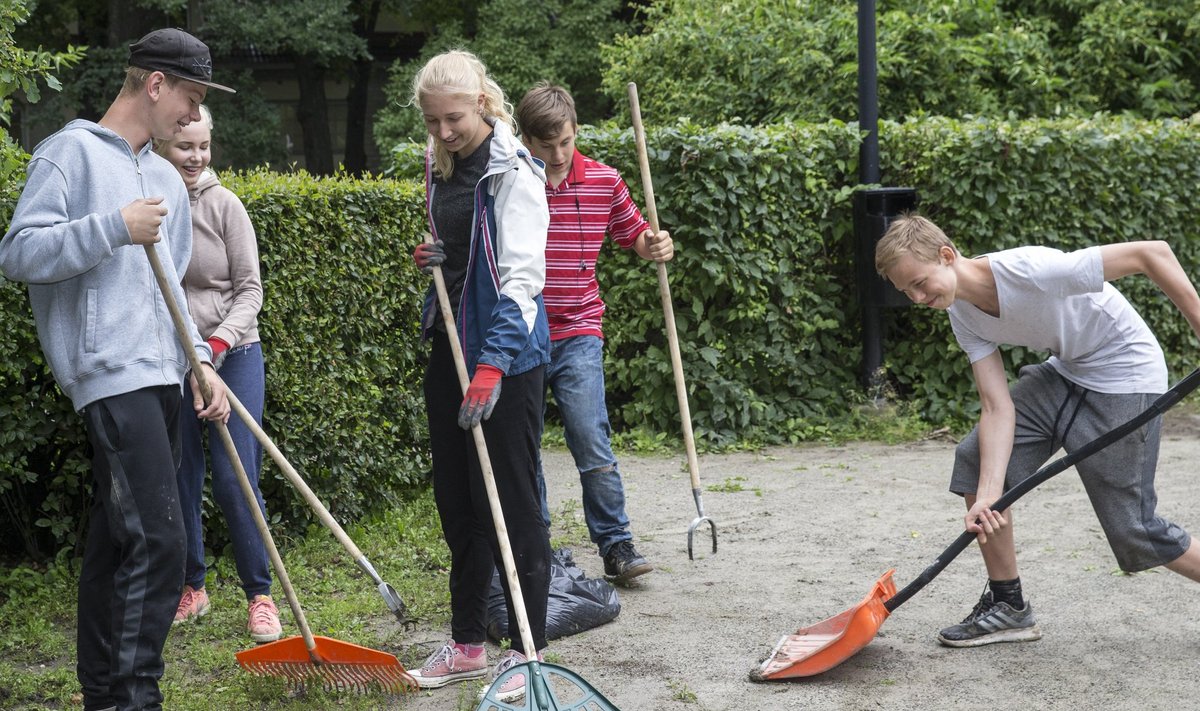 õpilasmalev töötab haljastuses