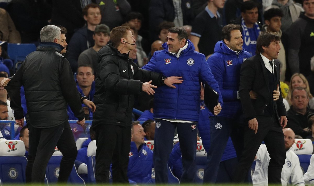 Manchester United manager Jose Mourinho and Chelsea manager Antonio Conte clash