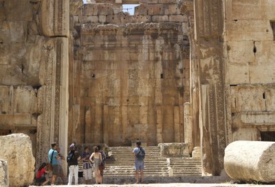 Tourists tour the ancient Bakhous temple in the Roman city of Baalbek in the Bekaa valley
