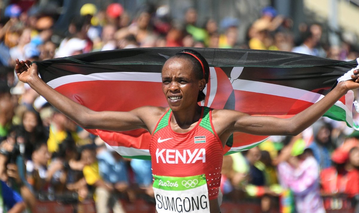 FILE PHOTO: Jemima Sumgong (KEN) of Kenya celebrates after winning the 2016 Rio Olympics Women's Marathon in Rio de Janeiro