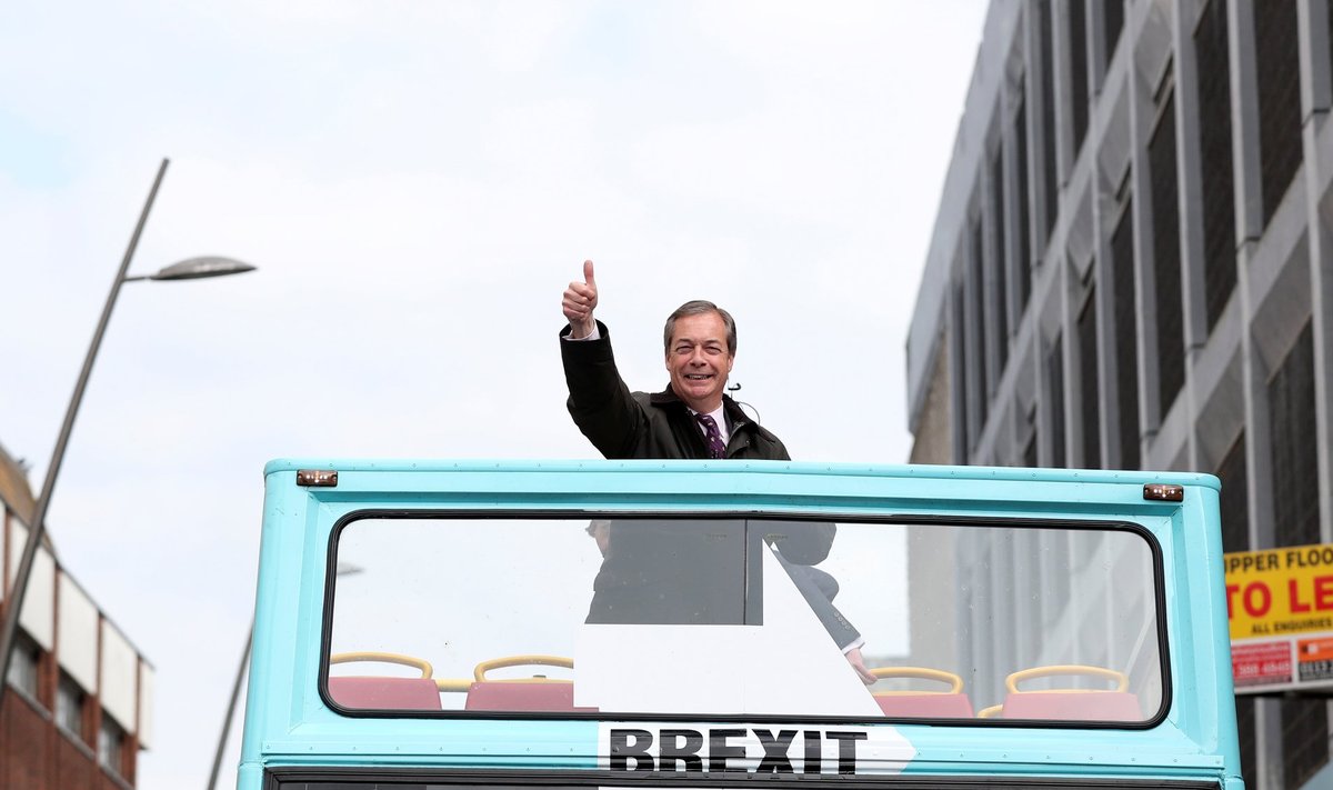UK peaministri Theresa May kõige hullem luupainaja: euroskeptik Nigel Farage, suul igikestev naeratus. Foto on tehtud möödunud laupäeval Brexiti partei kampaaniaüritusel Sunderlandis.