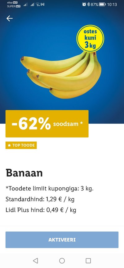 Lidl Plusi rakenduses lubati banaanikilo hinnaks 49 senti.