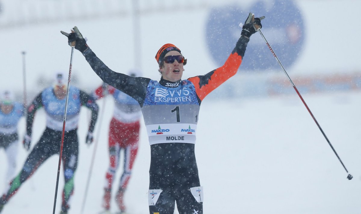 Musgrave of Scotland celebrates after winning the Sprint in the Cross country Norway national event in Lillehammer